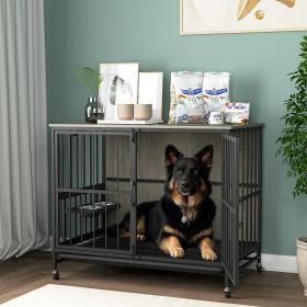 Modern Kennel Dogs room up to 80 LB, Dog crate furniture with Multi-Purpose Rremovable Ttray, Double-Door Dog House, lift Panel (Color: Antique Gray)